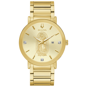 bulova gold tone guadalupe dial with 3 diamonds men's watch front view