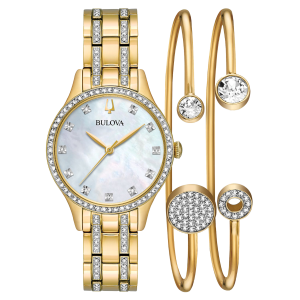 Women's Bulova Gold-Tone Crystal Watch and Bangles Box Set