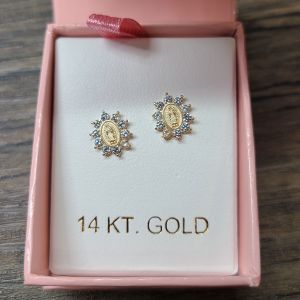 14k yellow gold lady of guadalupe earrings in box