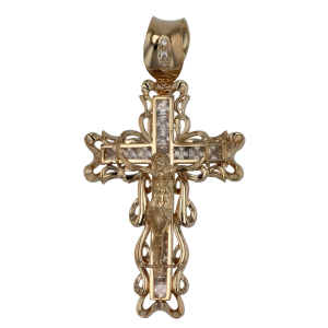 14k yellow gold swirl edge cross with cubic zirconia front view
