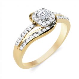 14K Two Tone Princess Halo Swirl Wedding Set