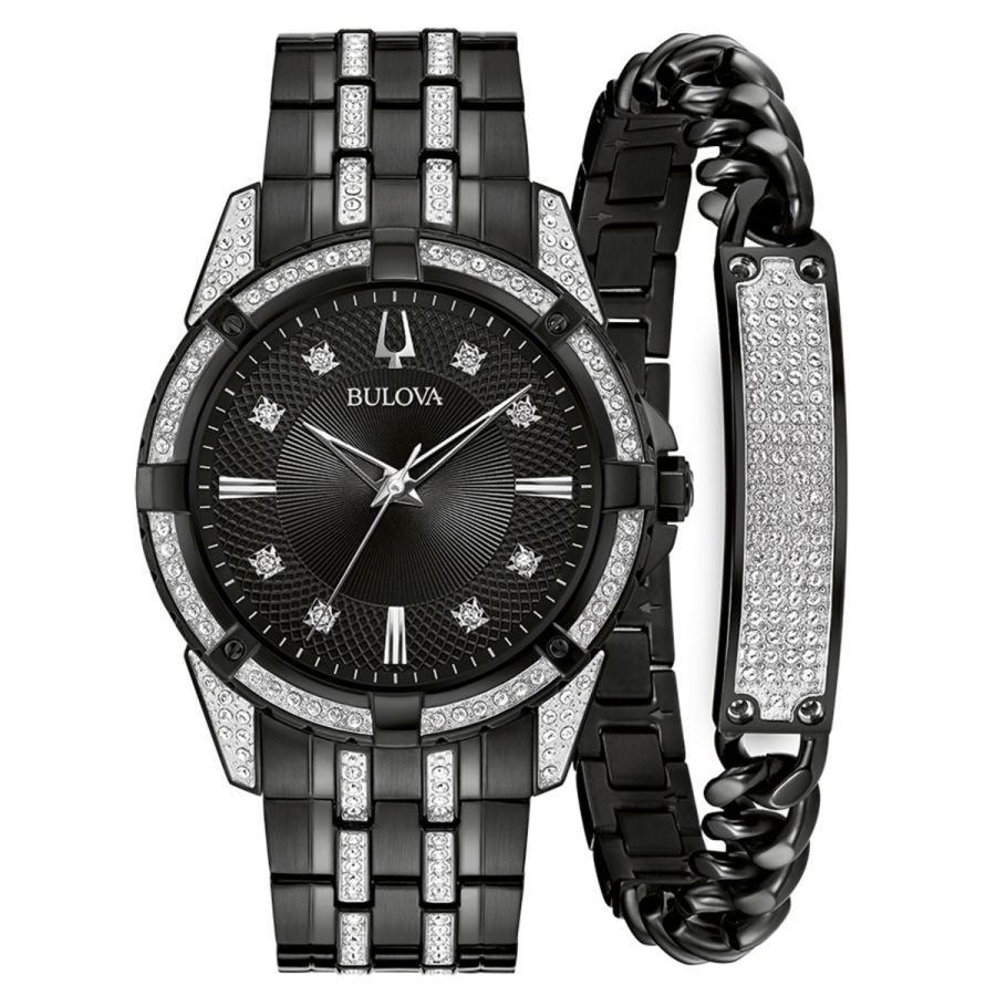 Bulova Crystal Black Watch and ID Bracelet Set - 98K109 | Don  