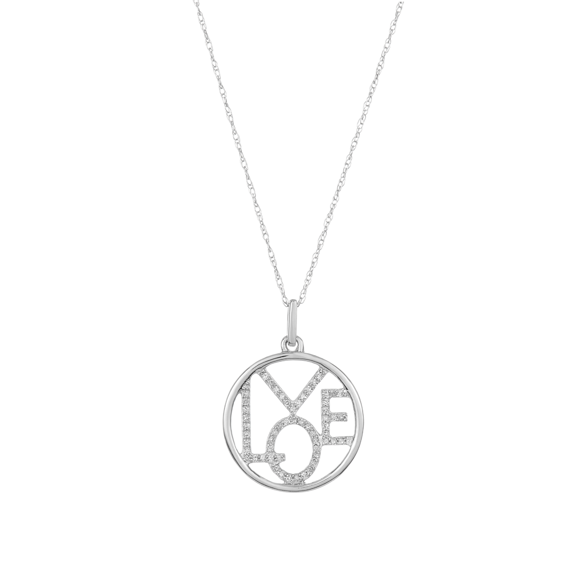 10K White Gold Circle "LOVE" Pendant Necklace