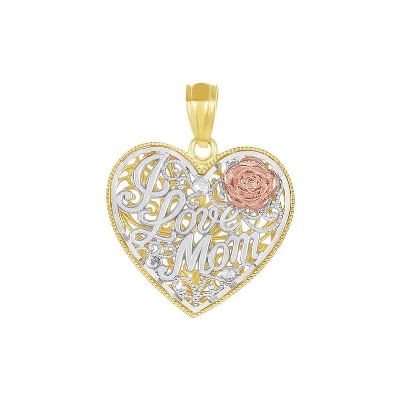 14k Yellow Gold Tri Color Heart with Love Pendant 