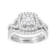 14k white gold cushion cut with halo and twist design wedding set front view