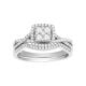 14k white gold cushion shaped halo with twist design wedding set front view