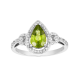 14k white gold pear shaped peridot halo diamond ring front view
