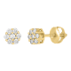 14k yellow gold flower design diamond earrings front and side view