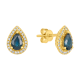 14K Yellow Gold Pear Blue Sapphire Diamond Halo Stud Earrings