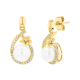 14k yellow gold pearl flower frame diamond earrings front and side view